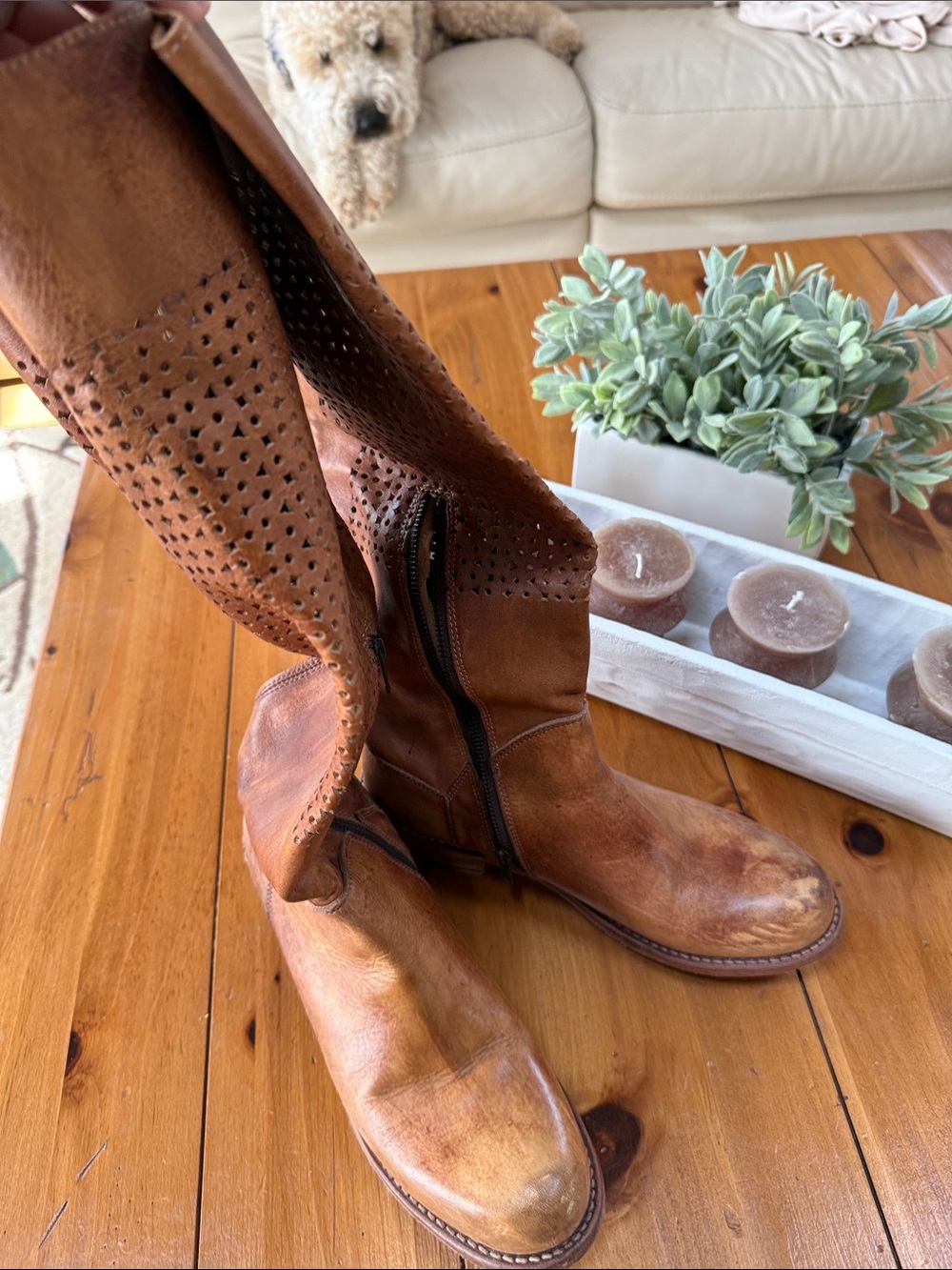 Bed Stu Tan Perforated Leather Mid-Calf Boots